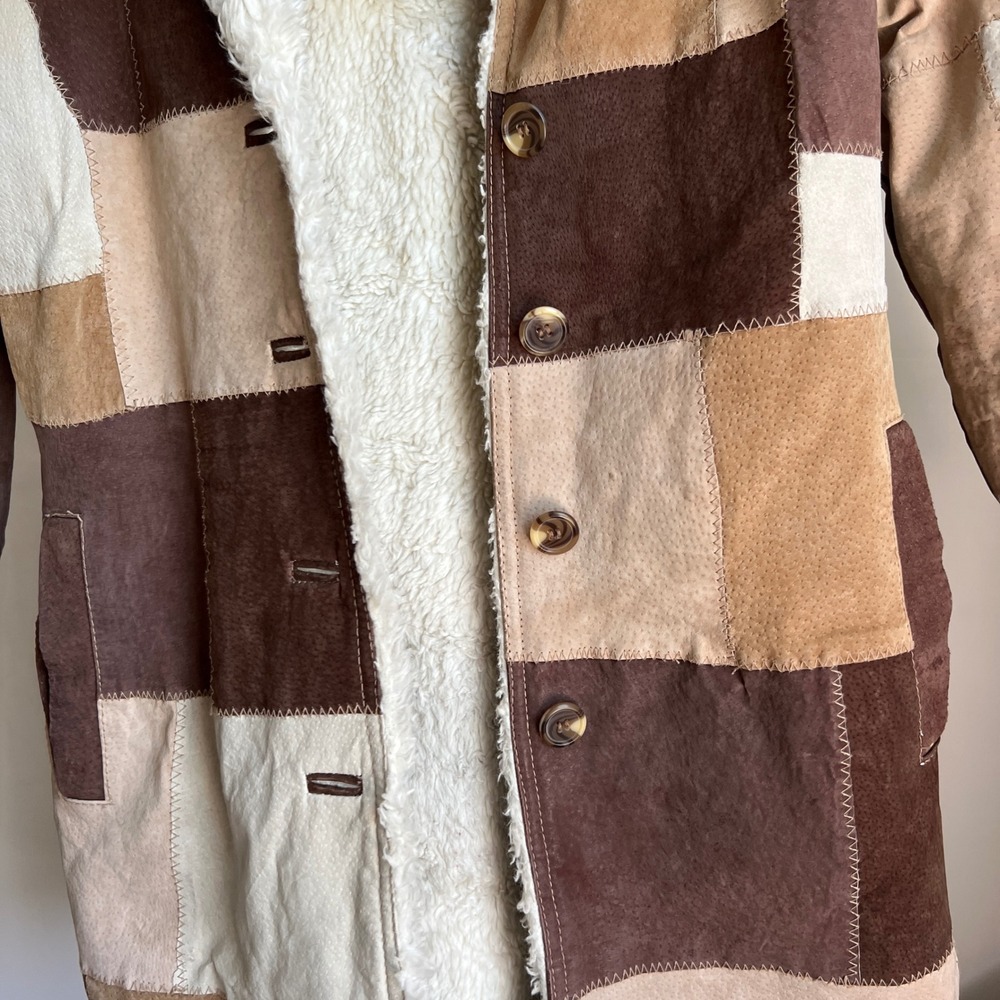 Vintage 90s Patchwork Suede Leather Jacket Trench Coat Brown Boho Penny Lane - Picture 9 of 9